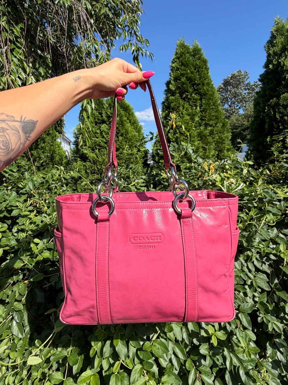 Vintage Y2K Coach Pink Patent Leather East West Gallery Tote Shoulder Bag